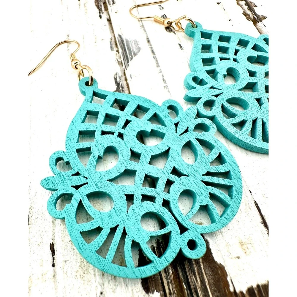 Garden Trellis Teardrop Earrings‎ Turquoise Blue Stained Laser Cut Wood NEW